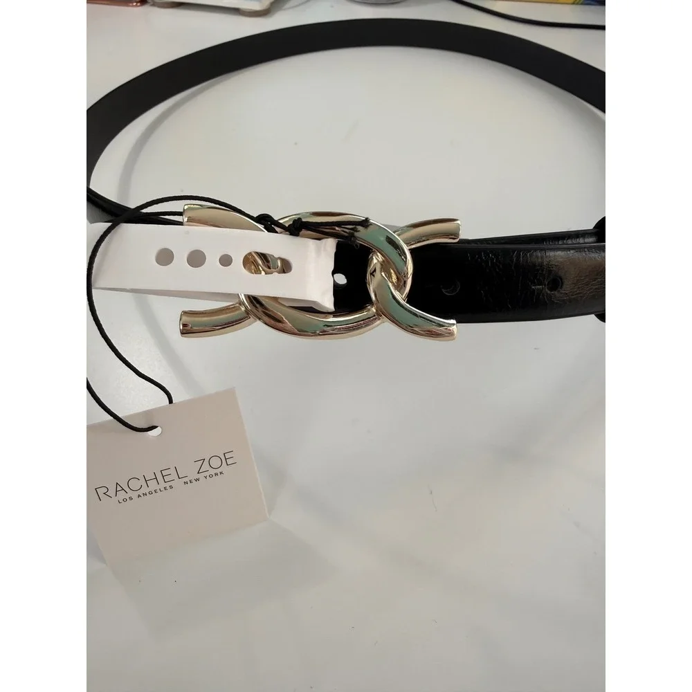 Rachel Zoe Black Leather Belt High Shine Gold Interlocking Chain Link L‎ NWT